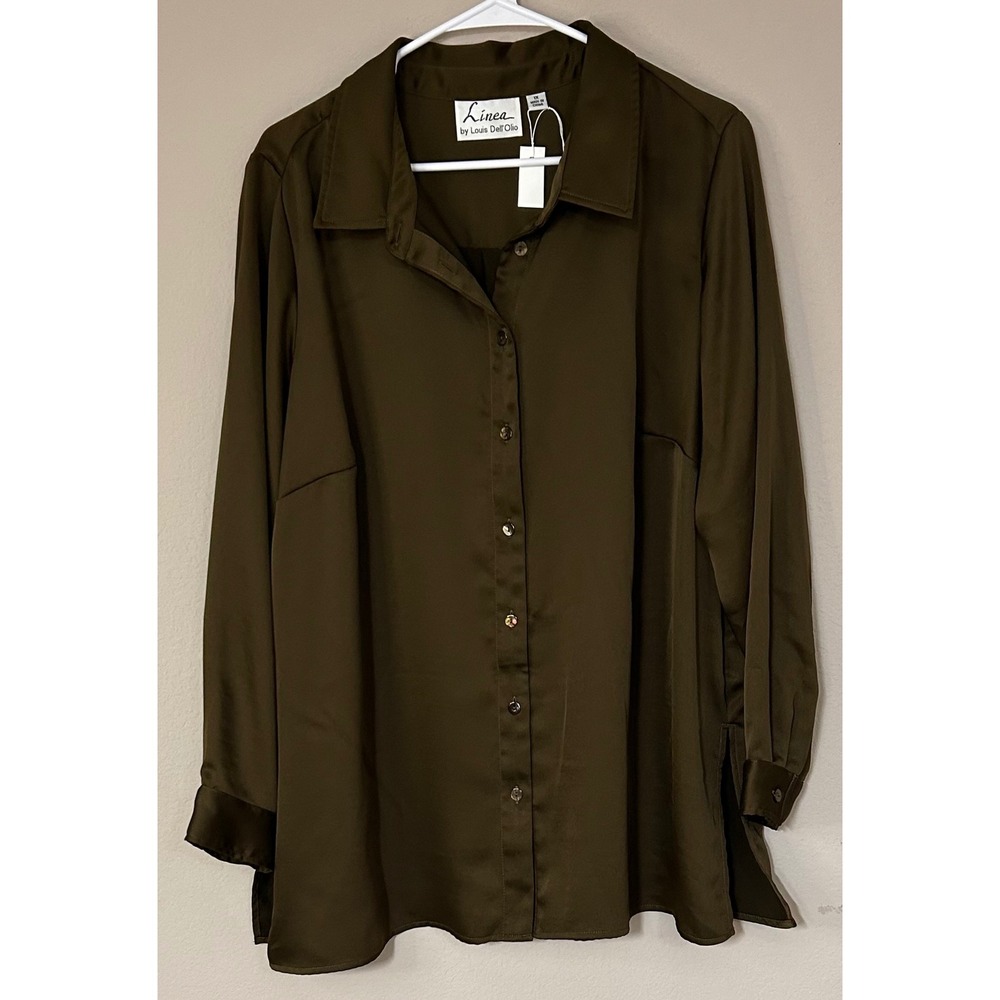 Linea by Louis Dell Olio Olive Green Satin Button Front Blouse 1X NEW